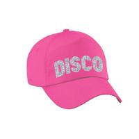 Disco thema verkleed petje - baseballcap - voor volwassenen - zilver glitter bedrukking - roze