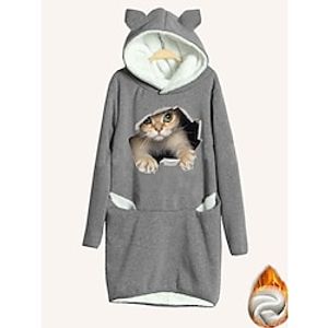 Dames Jurk met capuchon Casual jurk Mini-jurk Sherpa Fleece bekleed Warm Buiten Uitgaan Weekend Capuchon Afdrukken Zak Kat Ruim Passend Grijs S M L XL XXL Lightinthebox