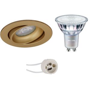 LED Spot Set - Pragmi Delton Pro - GU10 Fitting - Inbouw Rond - Mat Goud - Kantelbaar - Ø82mm - Philips - MASTER 927 36D VLE - 4.9W - Warm Wit 2200K-2700K - DimTone Dimbaar