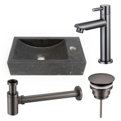 Fortifura Fuente fonteinset - 40x22 - 1 kraangat - rechts - natuursteen - fonteinkraan Geborsteld Gunmetal PVD - donker SW696237/SW696207/SW696217/SW728242