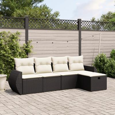 5-delige Loungeset met kussens poly rattan zwart