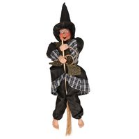 Halloween decoratie heksen pop op bezem - 44 cm - zwart/goud   -