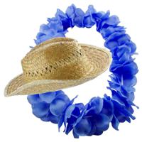 Carnaval verkleed set - Tropische Hawaii party - stro beach hoed - met volle bloemenslinger blauw - thumbnail