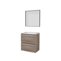 Basic-Line Framed 39 Badkamermeubelset - Ondiep - 60 x 39 cm - Greeploos - 2 Lades - Acryl Wastafel - Zonder Kraangat - Spiegel met Zwart Aluminium Frame - Scotch Oak