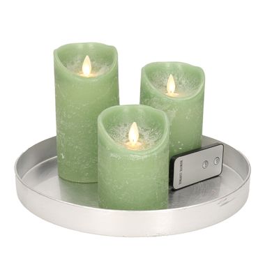 Ronde kaarsenplateau zilver van kunststof D27 cm met 3 groene LED-kaarsen 10/12,5/15 cm