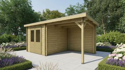 Classicline Blokhut Limburg vuren groen geïmpregneerd 250x250 cm + overkapping 250 cm- Lessenaarsdak- - Van Kooten Classicline Blokhut Limburg vuren groen geïmpregneerd 250x250 cm + overkapping 250 cm- Lessenaarsdak- - Van Kooten