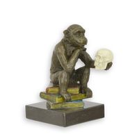 A BRONZE SCULPTURE OF A DARWIN MONKEY ON BOOKS ANTIQUE COLOR - thumbnail