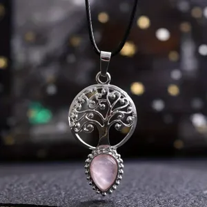 Zilverkleurige Levensboom Ketting met Rozenkwarts Edelsteen - Sieraden - Spiritueelboek.nl