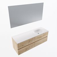 MONDIAZ VICA 140cm badmeubel onderkast Washed Oak 4 lades. Wastafel Moon rechts 1 kraangat, kleur Talc met spiegel LED. - thumbnail