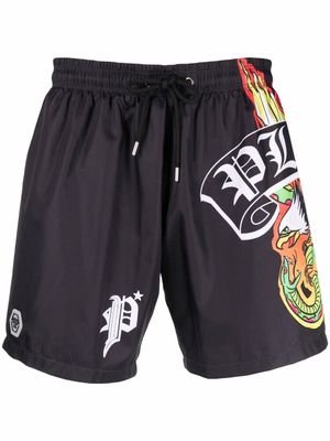 Philipp Plein short de bain à logo imprimé - Noir