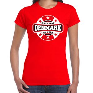 Have fear Denmark is here / Denemarken supporter t-shirt rood voor dames