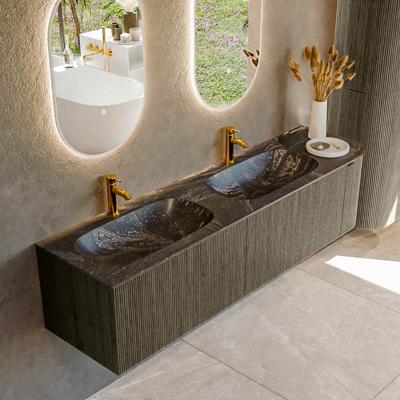 Badmeubel Mondiaz Kurve-Dlux | 175 cm cm | Meubelkleur Shadow | Wastafelkleur Lava | Solid surface | Dubbel / Links spoelbak | 2 kraangaten