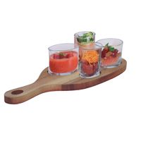 Serveerplank acacia met 4x luxe hapjes/saus/tapas glazen schaaltjes