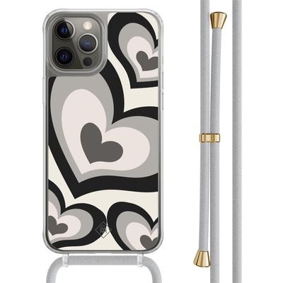 iPhone 12 (Pro) hoesje met grijs koord - Hart swirl zwart iPhone 12 (Pro) hoesje met grijs koord - Hart swirl zwart