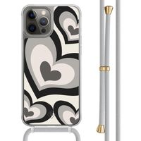 iPhone 12 (Pro) hoesje met grijs koord - Hart swirl zwart