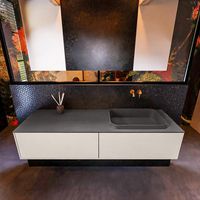 Badkamermeubelset Mondiaz Erin 150 cm met 2 Lades met RIDGE Wastafel Rechts Dark grey Zonder Kraangaten Greeploos Mat Linen
