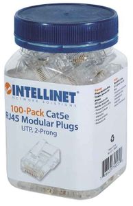 Intellinet 790055 Intellinet verpakking van 100 stuks Cat5e modulaire RJ45-stekker UTP 2-voudige klem voor gevlochten draad 100 stekkers per pot 790055