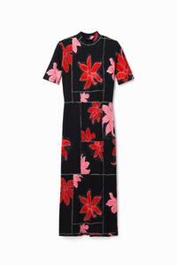 Geribde midi-jurk bloemen - RED - L