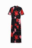 Geribde midi-jurk bloemen - RED - M