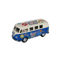 VW model T1 auto busje - hippie style - blauw - 12 cm - terugtrek motor - thumbnail