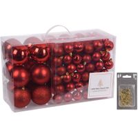 94-Delige kerstboomversiering kunststof kerstballen set rood incl. 100x ophanghaakjes - thumbnail