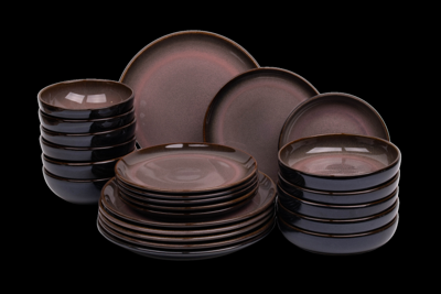 24 delige serviesset - 6 persoons - Vila Nova - roze met blauw - rechtopstaande rand - Portugees stoneware