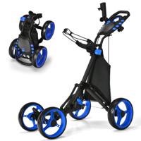 4-Wiel Golftrolley Opvouwbare Golftrolley Aluminium Golftrolley Golftrolley met Parapluhouder Teehouder en Opbergtas-Blauw - thumbnail
