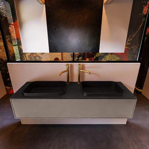 Badkamermeubelset Mondiaz Erin 150 cm met 1 Lade met RIDGE Wastafel Dubbel Urban met 2 kraangaten Greeploos Mat Smoke