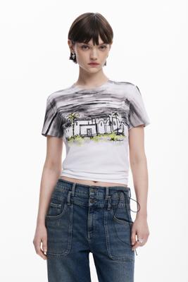 T-shirt met korte mouwen en palmbomen - BLACK - XS