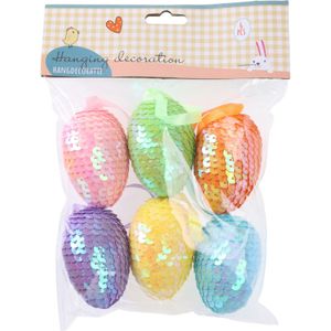 Decoratie paaseieren met pailletten - 6x - diverse kleuren - piepschuim - 6 cm