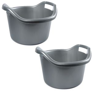 2x Schoonmaakemmers afwasteilen met hengsels 6 liter zilver 29 x 19 cm