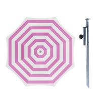 Parasol met metalen grondharing - roze/wit gesteept - polyester - Dia 180 cm - verstelbaar