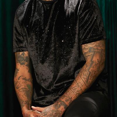 Bon&Bon Herren Samt T-Shirt - Schwarz Rundhals Kurzarm Disco Top XXL