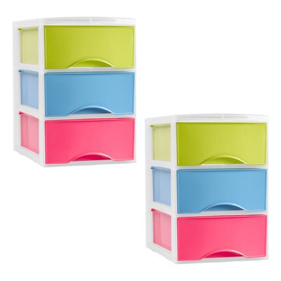 Ladeblokje/bureau organizer - 2x stuks - 3 lades - multi kleuren - L18 x B25 x H25 cm - plastic