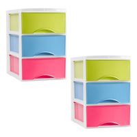 Ladeblokje/bureau organizer - 2x stuks - 3 lades - multi kleuren - L18 x B25 x H25 cm - plastic