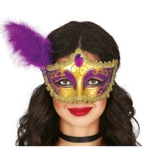 Verkleed oogmasker Venitiaans - paars met veer - volwassenen - Carnaval/gemaskerd bal   -