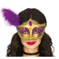 Verkleed oogmasker Venitiaans - paars met veer - volwassenen - Carnaval/gemaskerd bal   - - thumbnail