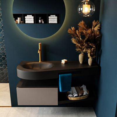 MONDIAZ RIVA 120cm badmeubel onderkast / planchet kleur Smoke met 1 lade. Wastafel DULCET links 1 kraangat kleur Urban. MONDIAZ RIVA 120cm badmeubel onderkast / planchet kleur Smoke met 1 lade. Wastafel DULCET links 1 kraangat kleur Urban.