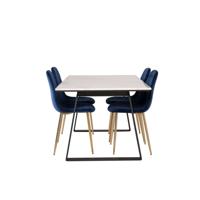 Estelle eethoek eetkamertafel marmer wit en 4 Polar eetkamerstal velours blauw, messing decor. - thumbnail