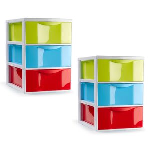 Ladeblokje/bureau organizer - 2x stuks - 3 lades - multi kleuren - L18 x B25 x H25 cm - plastic