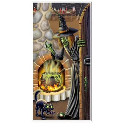Halloween thema deurposter - heksenketel scene - plastic - 76 x 152 cm