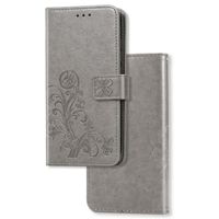 OPPO A57S hoesje - Bookcase - Pasjeshouder - Portemonnee - Bloemenprint - Kunstleer - Grijs - thumbnail
