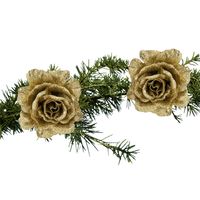 2x stuks kerstboom bloemen roos goud glitter op clip 10 cm