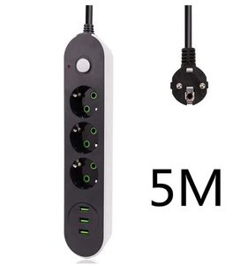 Verlengsnoer met Schakelaar-3 geaarde Stopcontacten-3 USB Oplaadpoorten-Reisadapter-Contactstekker-EU-5 Meter-antislip-Zwart