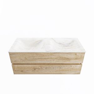 MONDIAZ VICA-DLUX 120cm badmeubel onderkast Washed Oak 2 lades. Inbouw wastafel CLOUD dubbel zonder kraangat, kleur Ostra.