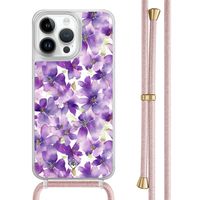 iPhone 13 Pro Max hoesje met rosegoud koord - Floral violet