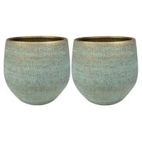 2x stuks plantenpotten/bloempotten in een strakke Modern design look shiny blauw Dia 31 cm en Hoogte