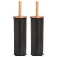 2x Stuks WC/Toiletborstel in houder metaal/bamboe hout - zwart - 38 x 10 cm