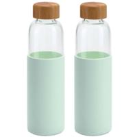 Glazen waterfles/drinkfles - 2x - mintgroen siliconen beschermhoes - 600 ml - Sportfles - Bidon