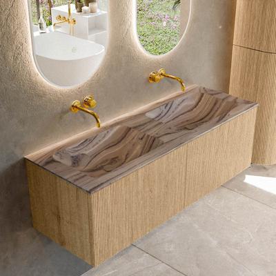 Badmeubel Mondiaz Kurve-Dlux | 130 cm | Meubelkleur Oak | Wastafelkleur Sombra | Solid surface | Wasbak beide zijden spoelbak | Zonder kraangat(en)